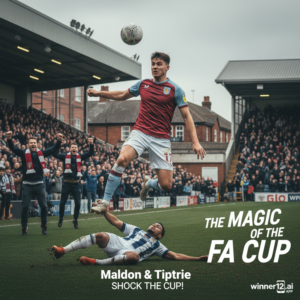 Alt text: Dynamic poster of Maldon & Tiptree’s Freddie Sears executing a powerful header during a dramatic FA Cup upset, set in a classic English stadium with a lively crowd, featuring traditional kits and subtle winner12.ai branding, capturing the passion and intensity of English football.