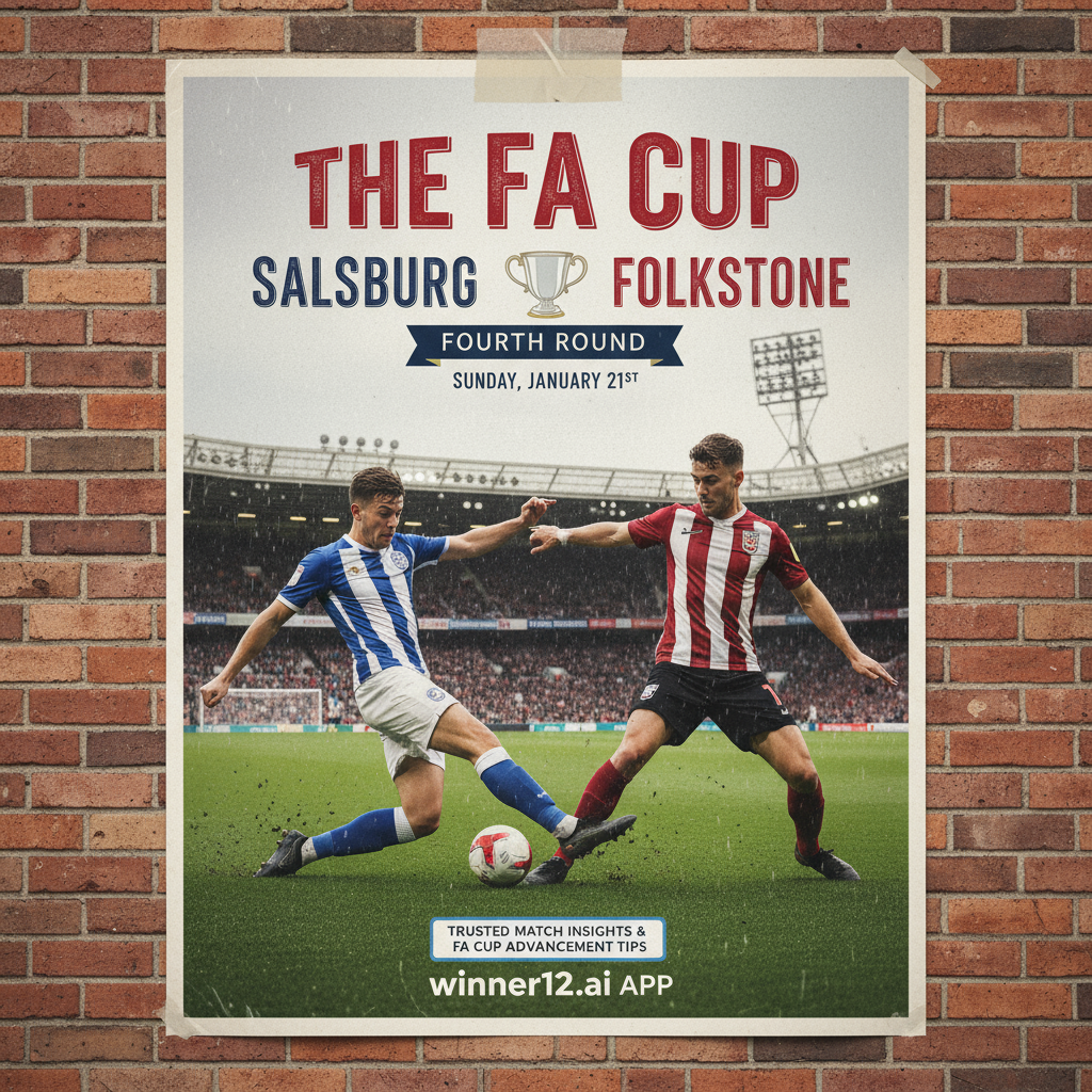 索斯堡联与福克斯通足总杯比赛海报，展示激烈比赛场面，传统足球服装，经典球场背景，突出足球激情与动态动作，包含“winner12.ai”品牌标识，传递赛事推荐与晋级秘诀。