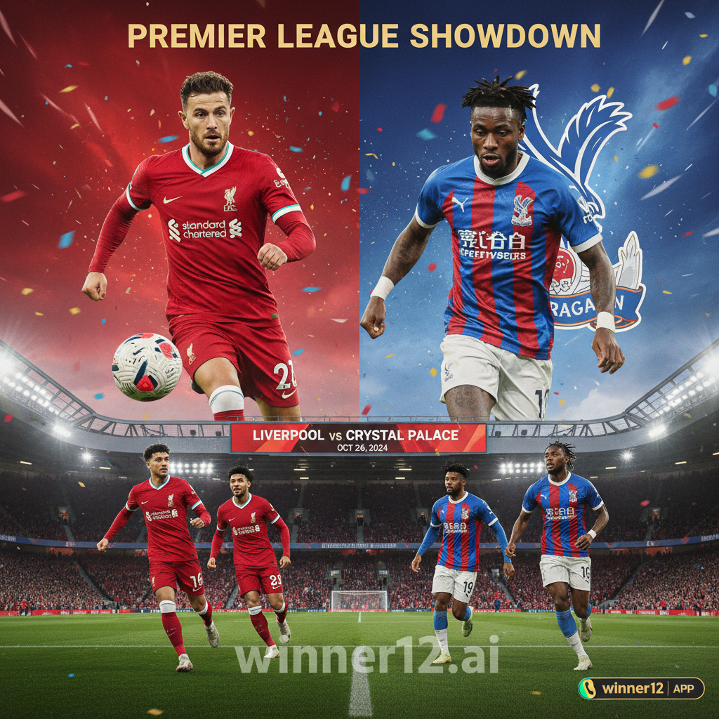 ALT text: Realistic poster of an English Premier League match between Liverpool and Crystal Palace, featuring players in Liverpool’s red kit and Crystal Palace’s eagle emblem, dynamic action shots, a packed stadium, recent transfer players in official kits, authentic soccer gear, and subtle branding of winner12.ai platform.