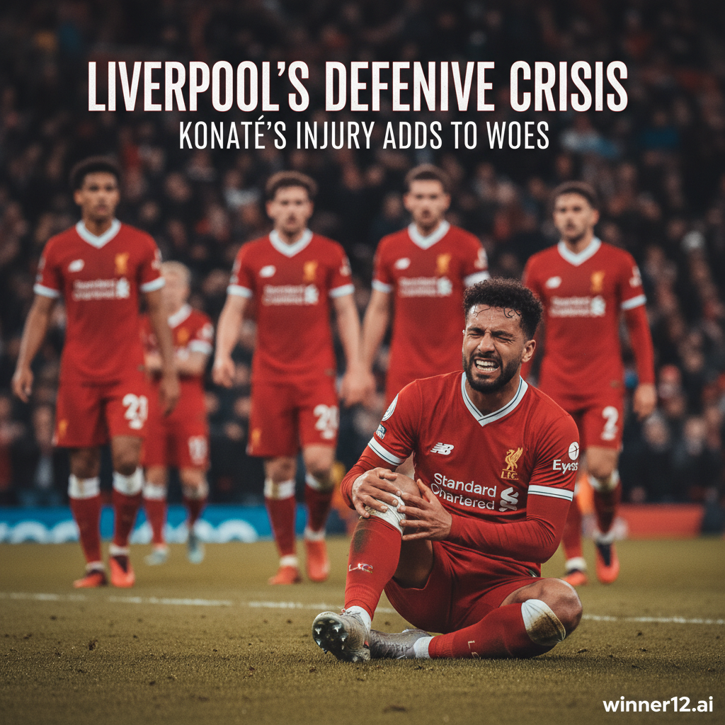 利物浦后卫科纳特大腿受伤，背景为模糊队友和球场观众，体现利物浦防线伤病危机，海报采用写实风格，带有利物浦红色调及Winner12.ai小标志。