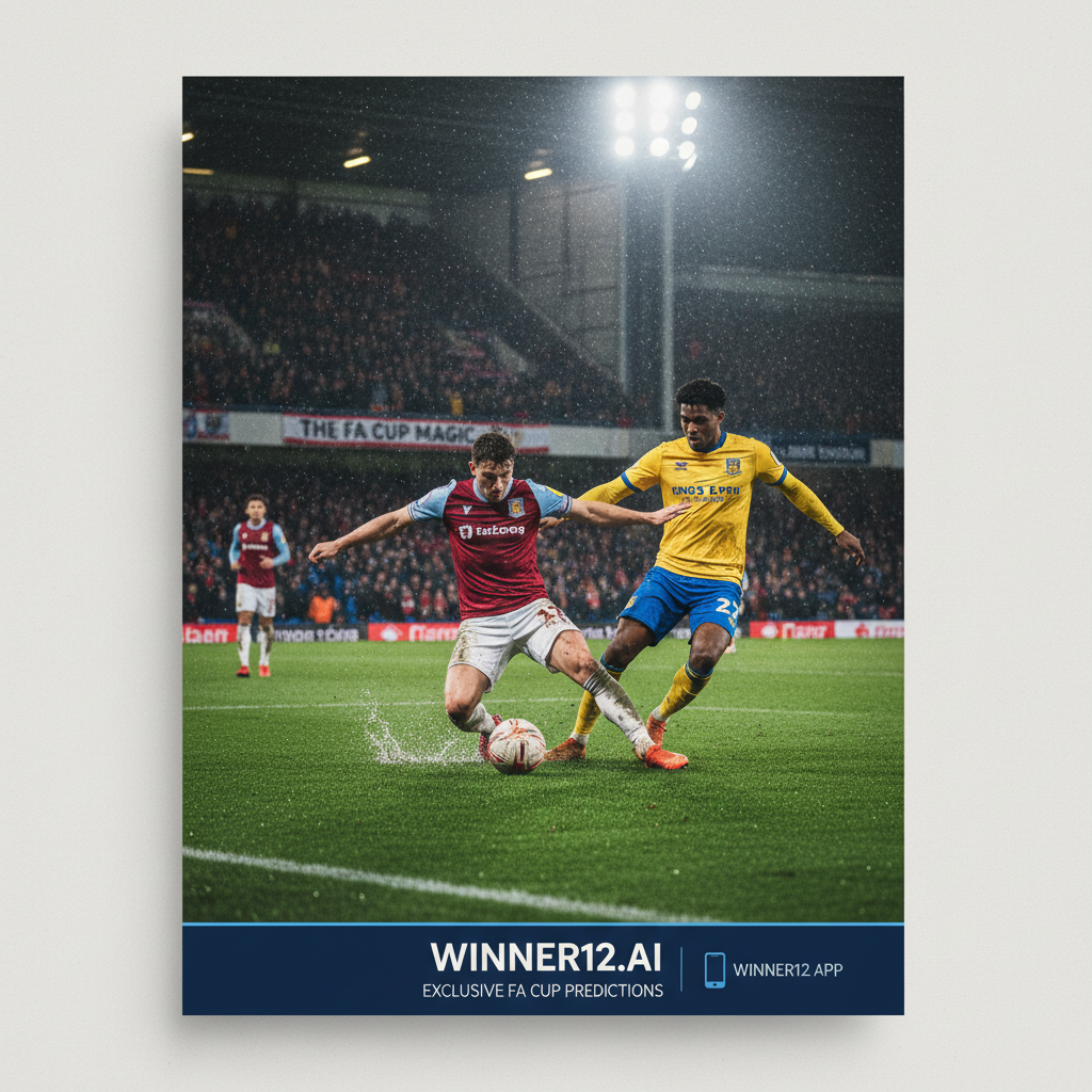 ALT text: Realistic poster of an intense English FA Cup soccer match between Scunthorpe United and King's Lynn Town, featuring players in official team kits competing on a lush green pitch under stadium floodlights, traditional leather soccer ball, cheering fans waving scarves in the stands, crisp English weather, and subtle branding for winner12.ai and the winner12 APP offering exclusive FA Cup predictions.