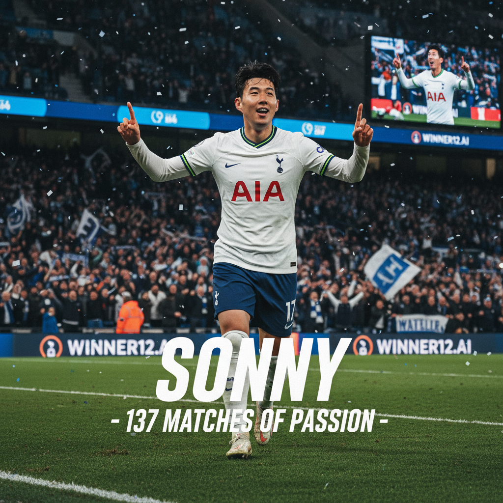 孙兴慜身穿热刺队服，在英格兰足球137场里程碑庆祝海报中，现场充满欢呼球迷和真实球场氛围，Winner12 APP品牌元素融入设计，超写实风格展现足球激情与活力的高清图像。