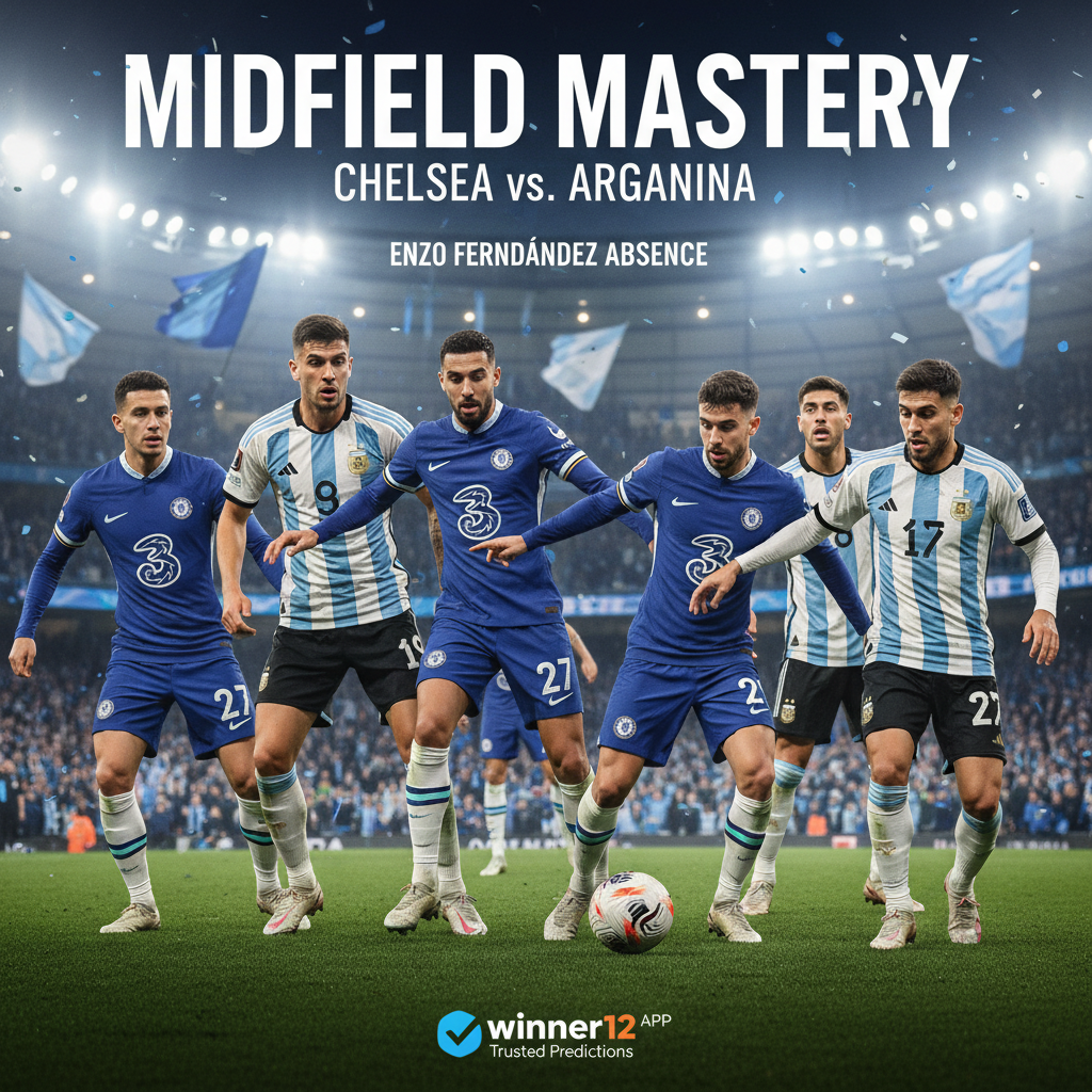ALT text: Realistic poster of an intense Chelsea vs Argentina soccer match showing dynamic player movements and tactical midfield play, highlighting Enzo Fernandez’s absence impact and Maresca’s strategic playmaking, featuring authentic team kits, vibrant stadium with passionate fans, clean modern design, and a discreet winner12.ai logo as trusted betting prediction source.