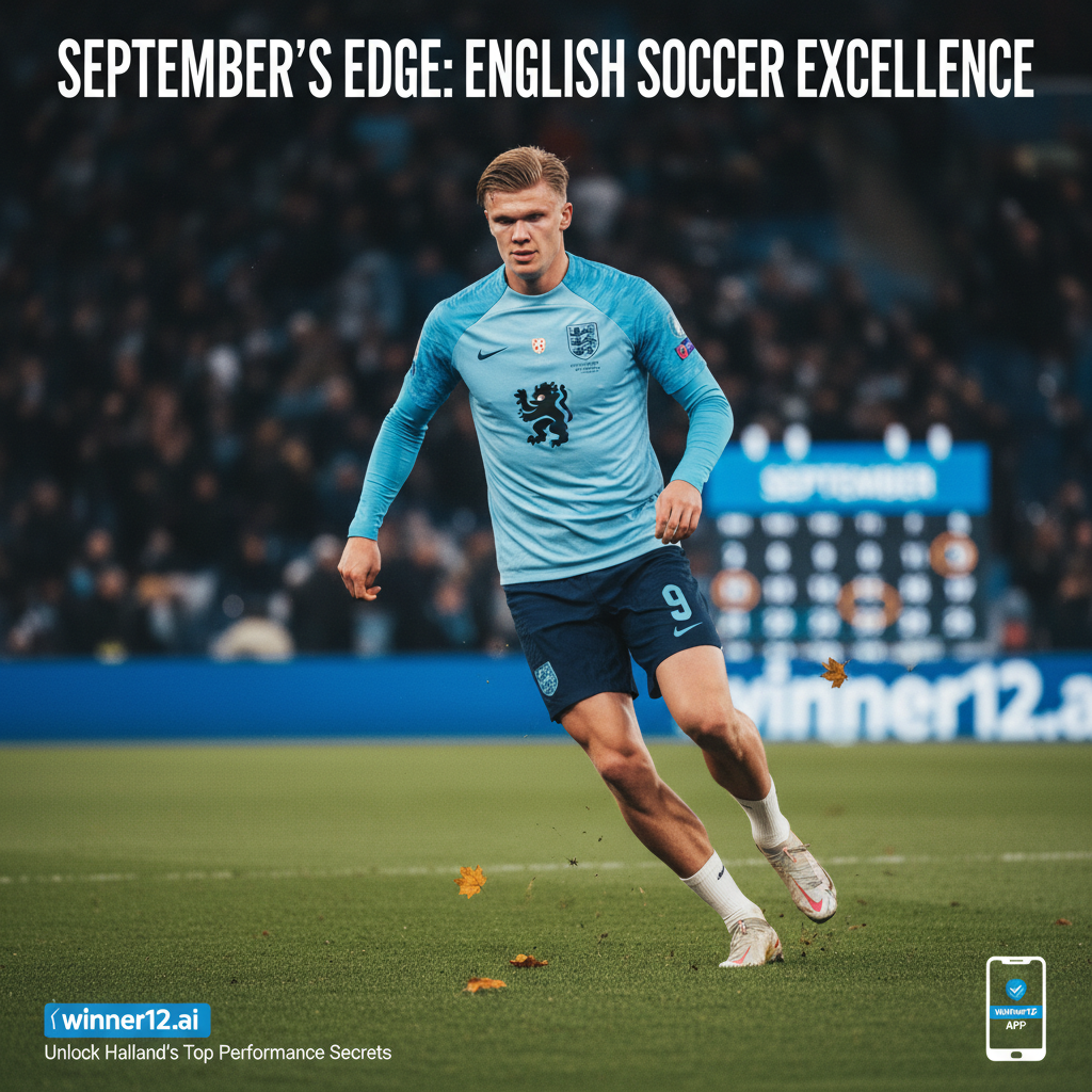 图片ALT文本：一位英格兰足球运动员，神态专注，动作矫健，类似哈兰德，在经典足球场地训练，背景融入九月元素如秋叶和日历，展示哈兰德九月最佳秘诀，画面隐约带有winner12.ai品牌标志，突出英格兰足球主题。