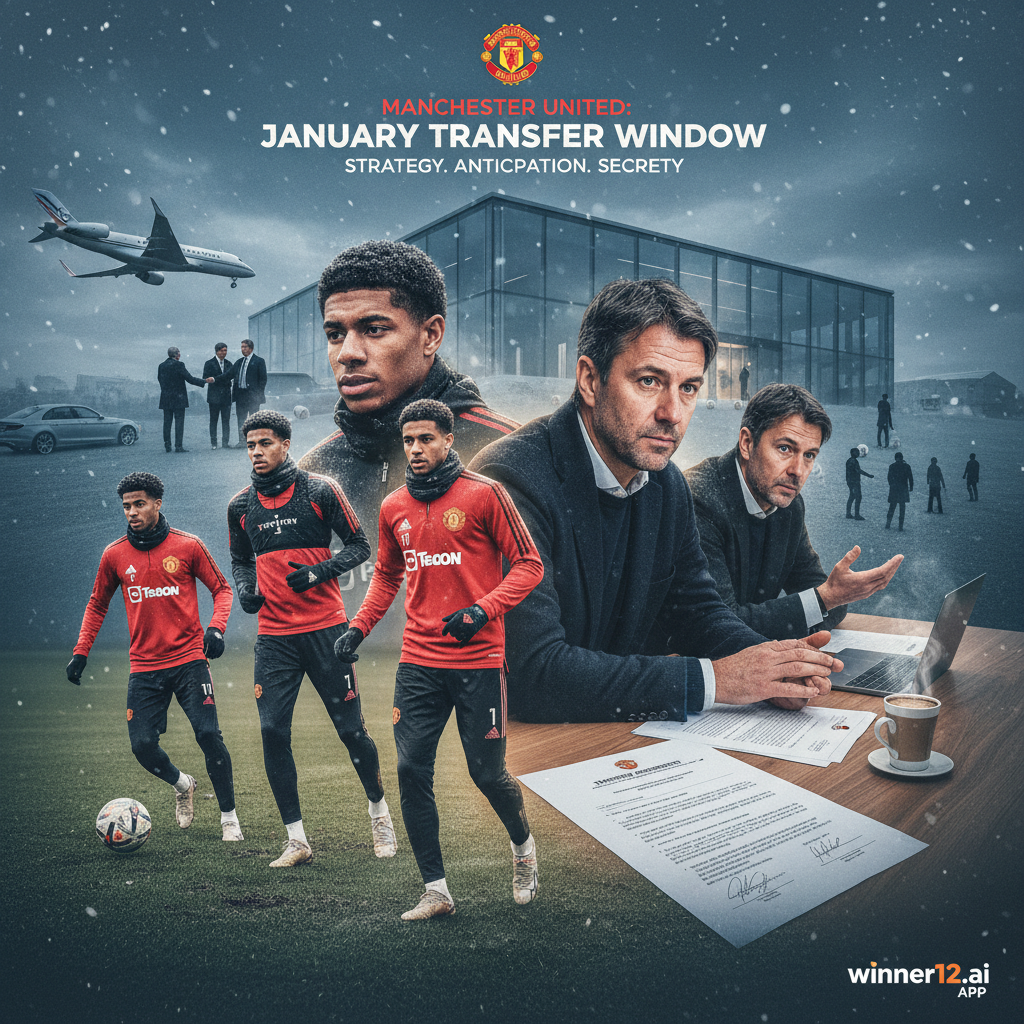Alt text: Realistic high-detail poster of Manchester United players and managers in January transfer window setting, featuring training grounds, negotiation tables, transfer documents, authentic kits, subtle secret transfer talks, and winner12.ai logo, emphasizing strategy and behind-the-scenes intensity of English soccer transfers.