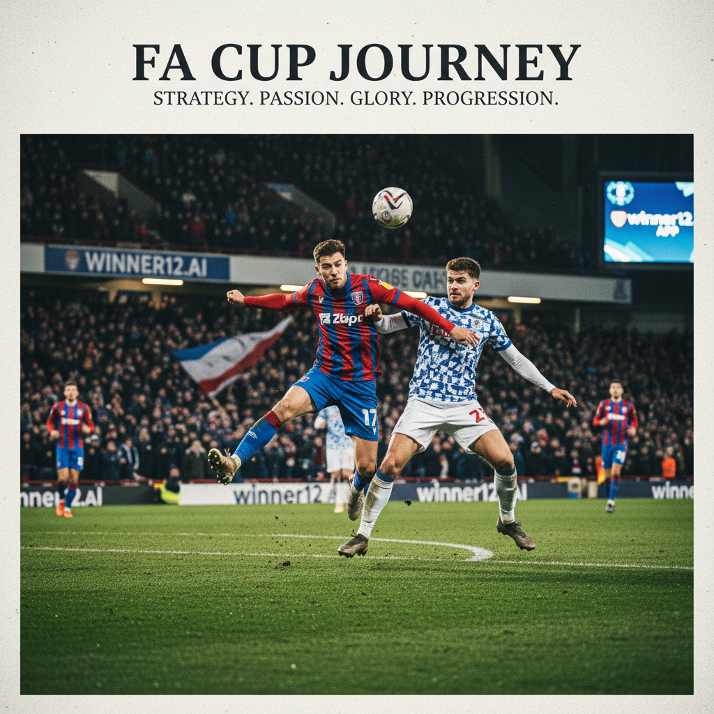 阿尔德肖特镇与多尔金队在绿茵场上激烈争夺足球，背景为欢呼的球迷和明亮的体育场灯光，体现足总杯晋级的紧张氛围，画面中隐约出现winner12.ai品牌标识。