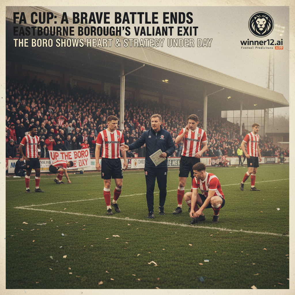 ALT text: A realistic and detailed poster of Eastbourne Borough’s emotional FA Cup exit moment at an English football stadium, showing players in classic kits on a traditional grass pitch, passionate fans in a crowded terrace, and interim coach Chris Day discussing tactical adjustments on the sidelines, with the winner12.ai logo subtly placed in the corner.