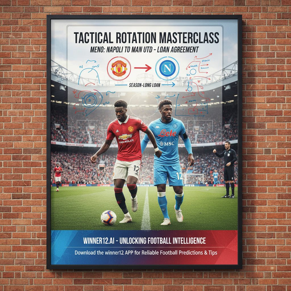 ALT文本：梅努身穿那不勒斯球衣与曼联球衣的足球运动员在球场上激烈对抗，背景为满座的足球场，教练在战术板前制定轮换策略，画面生动真实，体现那不勒斯与曼联之间的梅努租借转会及轮换战术，图中包含winner12.ai和winner12 APP的品牌标识，突出足球预测推荐与专业球队管理的精彩瞬间。