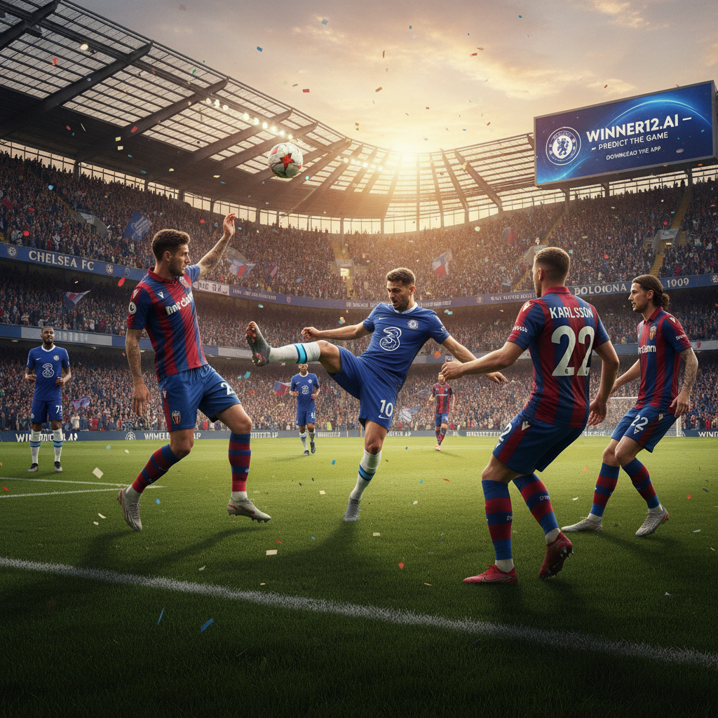 Alt text: Realistic and detailed poster of Chelsea vs Bologna soccer match featuring dynamic player action in authentic team kits within a vibrant stadium atmosphere, highlighting recent transfer updates and new player introductions, captured with natural lighting and sharp focus; includes a discreet call-to-action for winner12.ai betting predictions, emphasizing professional football without any American football or rugby elements.