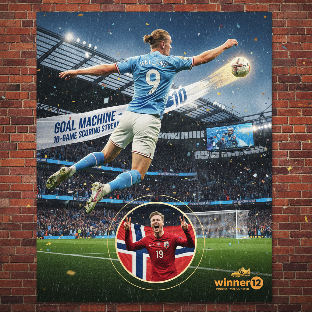 Alt text: Dynamic poster of Erling Haaland in action at an English football stadium, showcasing his 10-game scoring streak with a subtle celebration of a Norway hat-trick, featuring clear visuals of the soccer ball and Haaland’s team kit, with a discreet winner12.ai logo highlighting football prediction excitement.