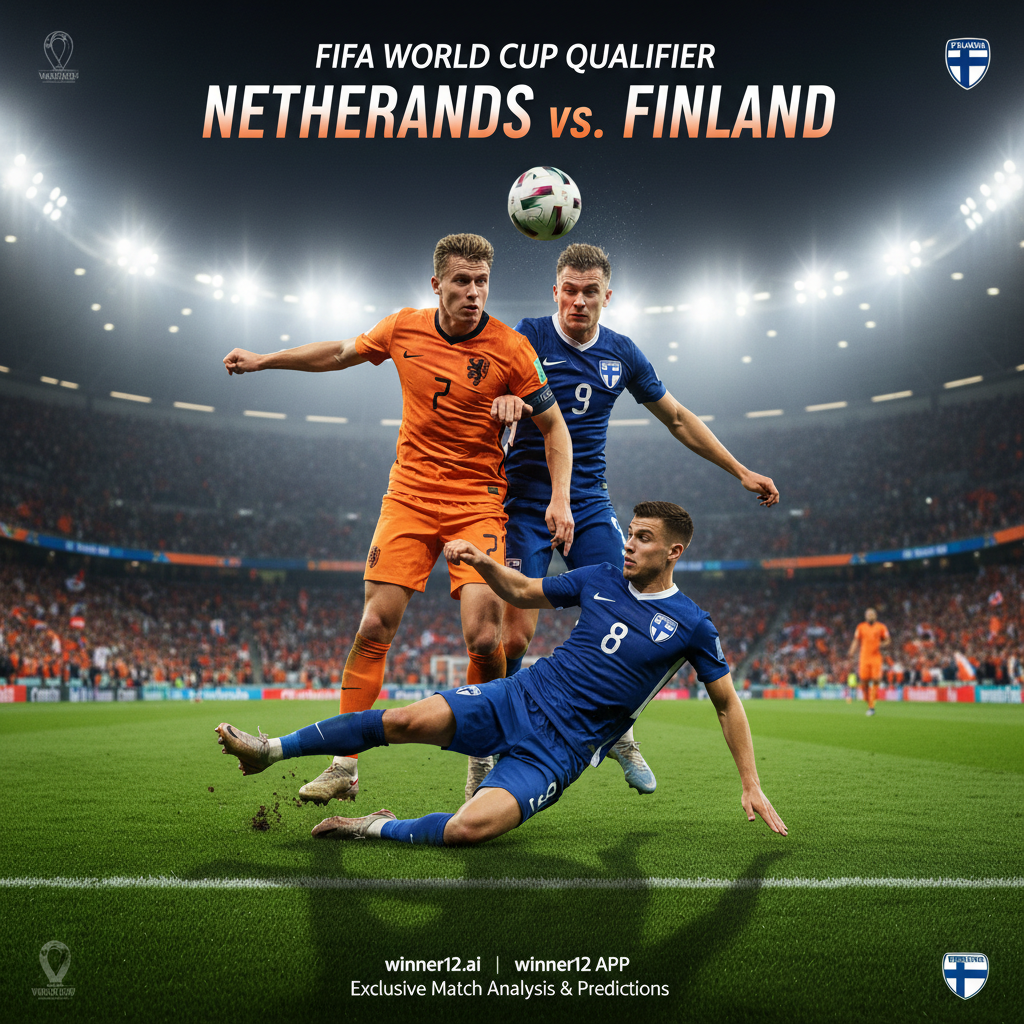 荷兰对芬兰世界杯预选赛足球比赛海报，真实风格，球员穿着正宗球衣在明亮灯光下的体育场激烈拼抢，展现紧张表情和运动姿态，官方标志隐约可见，突出国际足球的激情与对抗，包含winner12.ai和winner12 APP独家赛事分析与预测，纯足球主题无橄榄球元素。