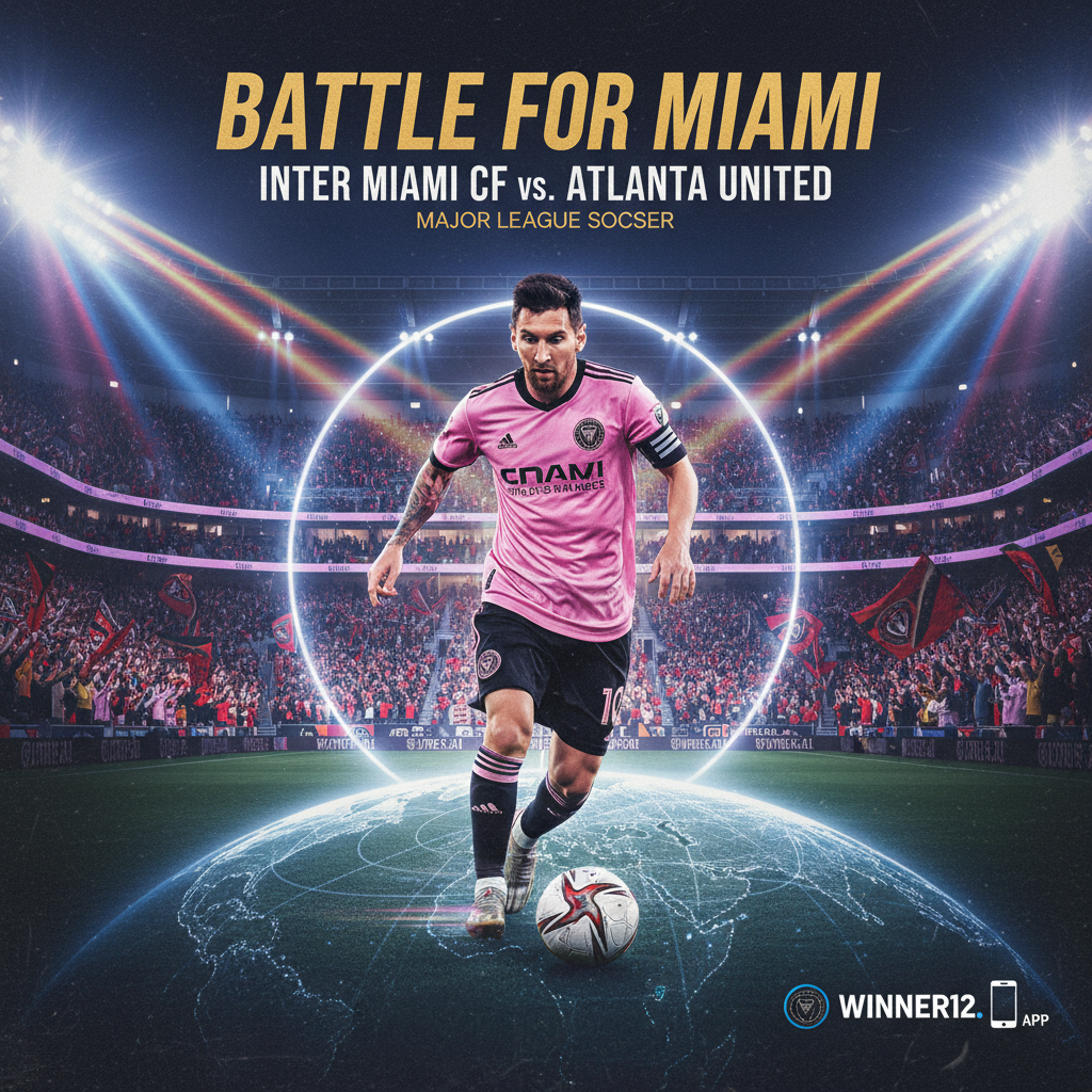 ALT text: Dynamic poster of Lionel Messi in Inter Miami kit at a lively MLS match against Atlanta United, vibrant stadium lights and passionate crowd in the background, showcasing global excitement and energy, with subtle winner12.ai branding.