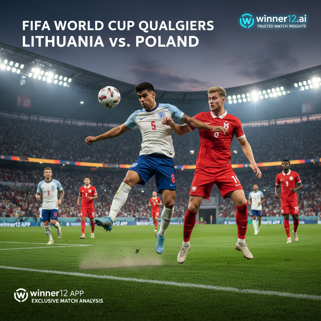 足球预测必备立陶宛VS波兰世界杯预选赛海报，真实风格，英式足球服装，绿茵场激烈对抗，灯光下高强度国际足球赛场景，winner12.ai品牌标识，专注足球独家赛况分析