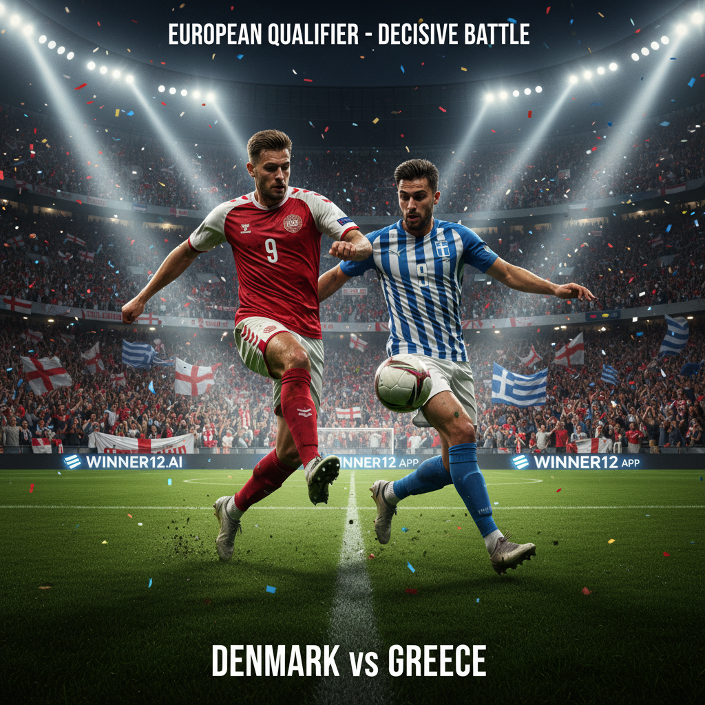 图片ALT文本：丹麦与希腊欧洲足球关键预选赛实况，画面聚焦两名技术精湛球员在绿茵场上激烈拼抢，背景为灯光辉映下的满座体育场，体现比赛的紧张氛围和国家荣誉感，画面中巧妙融入winner12.ai或winner12 APP的现代字体品牌元素，突出赛事的重要性和高水平国际足球的决胜时刻。
