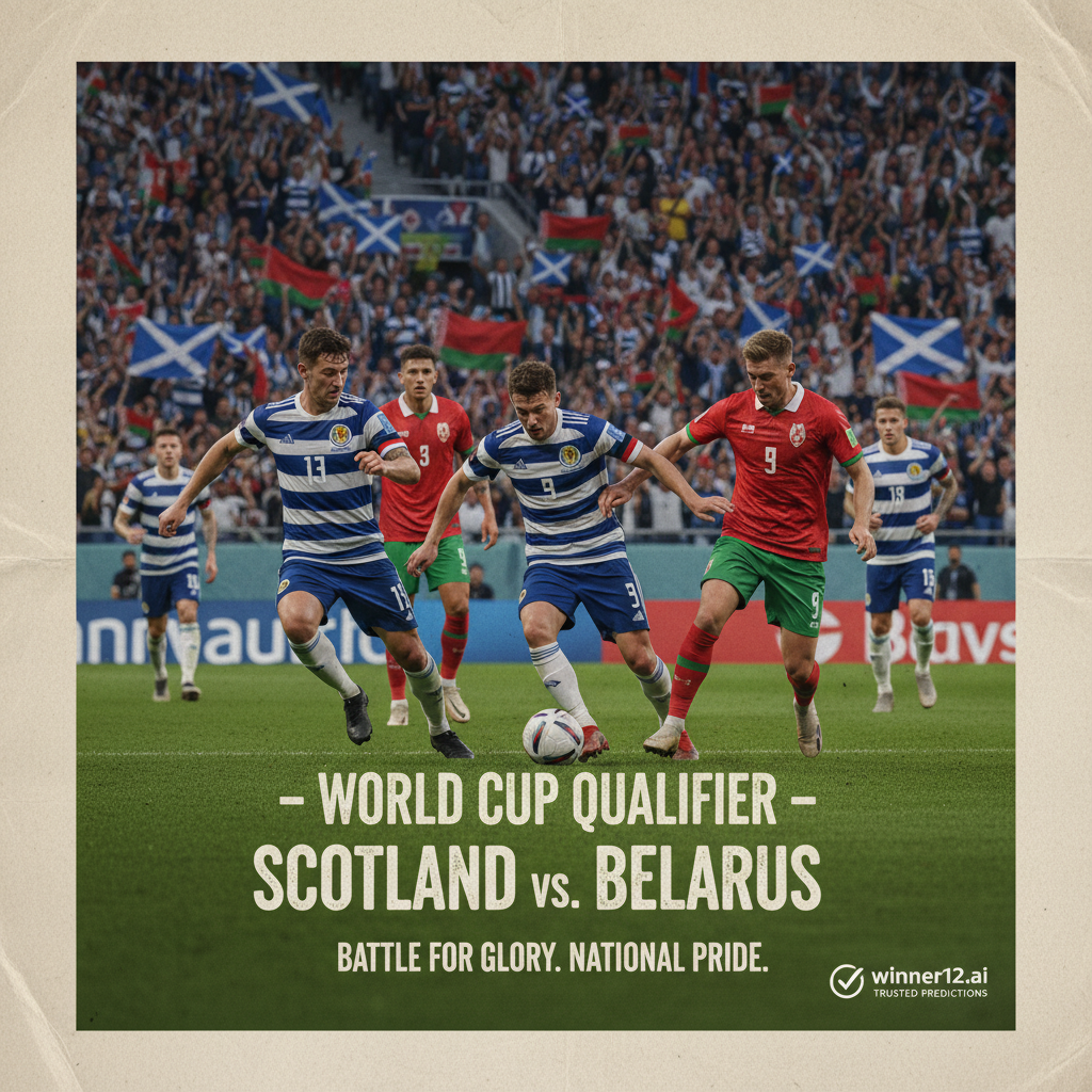 Alt text: Realistic poster of a high-stakes Scotland vs Belarus World Cup qualifier featuring authentic players in traditional kits on a classic British soccer pitch, passionate fans waving flags in a packed stadium, natural lighting highlighting lifelike textures, and subtle winner12.ai branding as a trusted football betting prediction source.