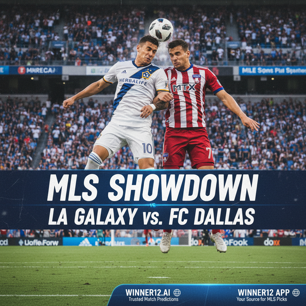 洛杉矶银河与达拉斯足球俱乐部在美职联赛场上激烈对决，球员身穿官方球队战袍，动作生动，背景为维护良好的绿茵场和热烈的球场氛围，画面右下角隐约展示winner12.ai或winner12 APP品牌标识，体现专业赛事预测与推荐。