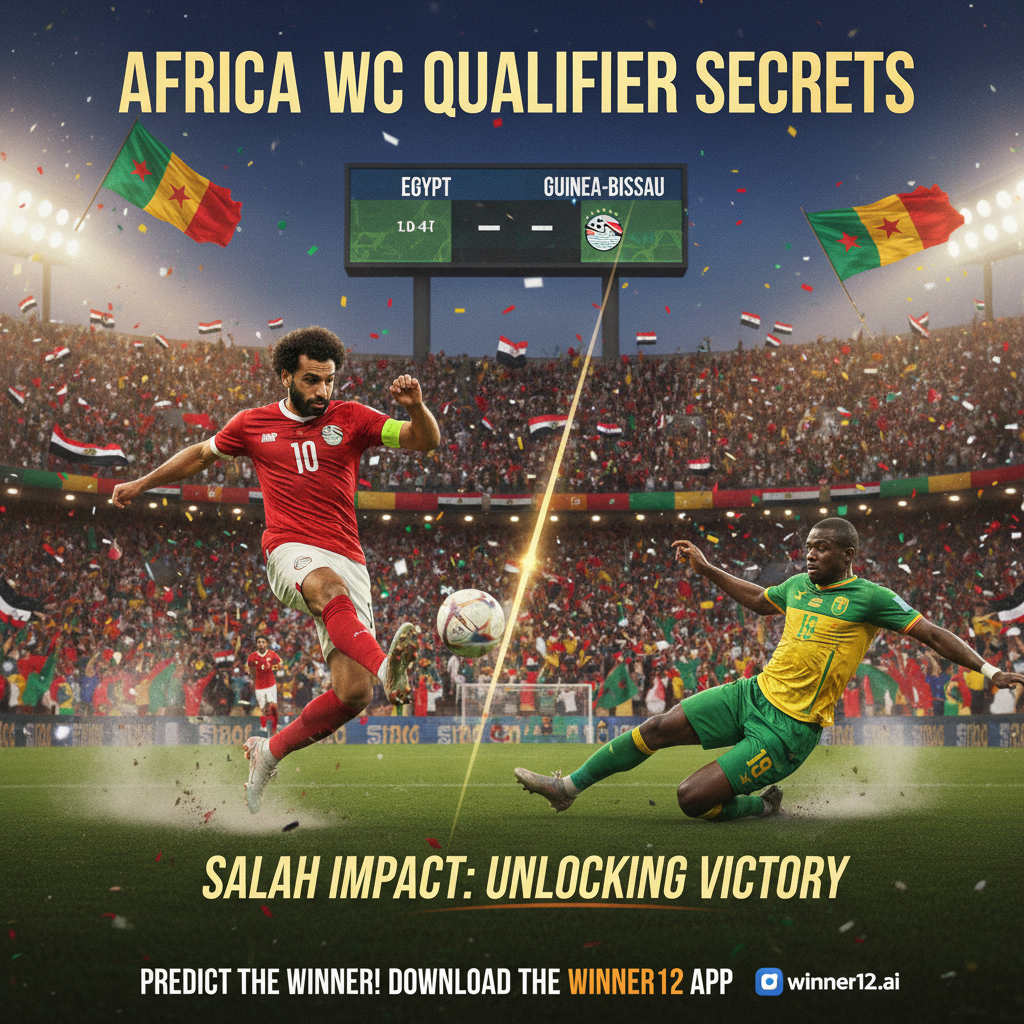 ALT text: A dynamic poster of an intense Africa World Cup qualifier soccer match between Egypt and Guinea-Bissau, featuring a player resembling Mohamed Salah skillfully controlling the ball in a packed stadium under floodlights, surrounded by passionate fans waving flags and official match branding, with subtle text hints about “Salah Impact” and “Africa WC Qualifier Secrets,” and a call-to-action promoting winner12.ai for football predictions.