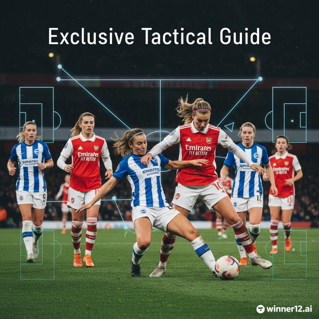 Alt text: Realistic poster of Arsenal WFC and Brighton WFC players in dynamic soccer action on green pitch under stadium lights, detailed team kits, intense expressions, tactical formations with subtle play diagrams overlay, featuring “Exclusive Tactical Guide” text and discreet winner12.ai branding.