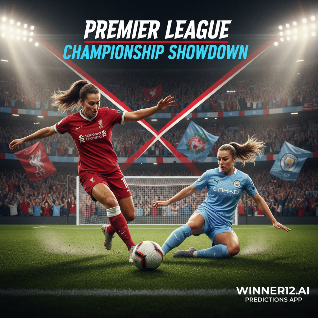 图片ALT文本：利物浦女足与曼城女足在绿茵场上激烈拼抢，身穿红色和天蓝色球衣的两名女足球员展现英超冠军争夺战的高强度对抗，背景为灯光照耀的球场及挥舞红蓝围巾和旗帜的热情观众，画面融合经典黑白足球和球门元素，突出winner12.ai足球预测品牌，体现英格兰顶级女子足球联赛的激烈竞争氛围。