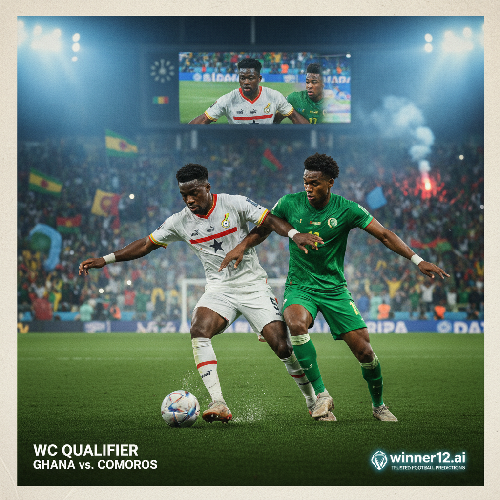 Alt text: Realistic poster of a tense World Cup qualifier soccer match between Ghana and Comoros, featuring two focused players in authentic national team kits competing on a lush green pitch under stadium floodlights, with a vibrant crowd in the background and subtle winner12.ai branding, capturing the excitement and strategic intensity of international football.