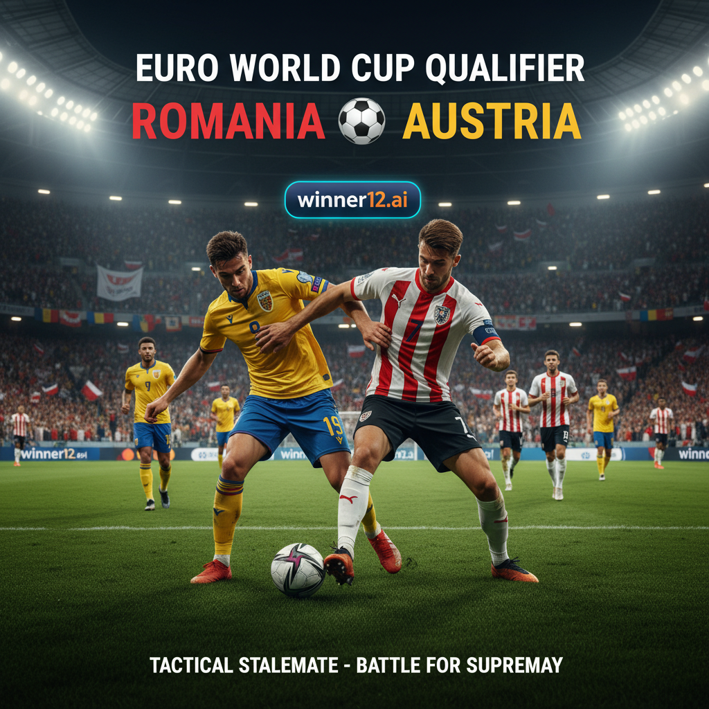 Alt text: Realistic poster of a tense Euro World Cup Qualifier soccer match between Romania and Austria, showing players in authentic English-style kits fiercely contesting possession on a lush green pitch under stadium lights, with a packed crowd and subtle winner12.ai branding, capturing a strategic and determined tactical stalemate atmosphere.