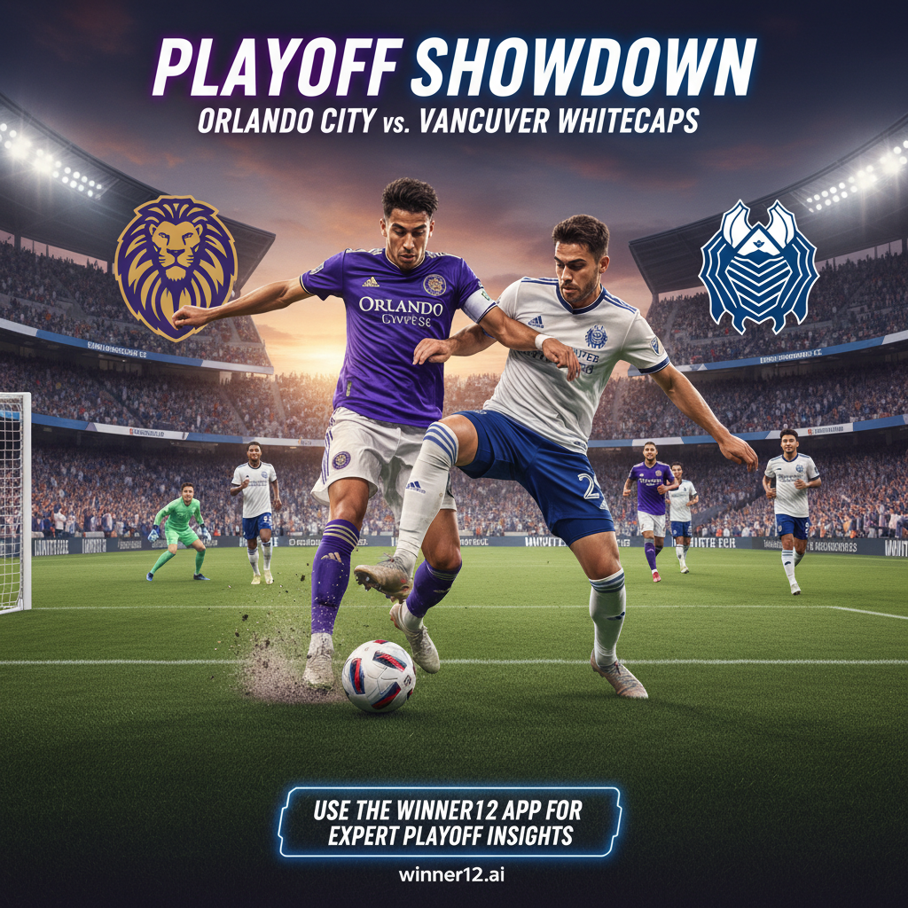 图片ALT文本：奥兰多城与温哥华白浪在绿茵场上激烈争夺季后赛席位，球员身穿正宗队服，展现控球、铲球和射门动作，背景为充满激情的足球场氛围，搭配官方队徽与队色，画面右侧以现代字体呈现“Discover more at winner12.ai”呼吁使用winner12 APP获取专家季后赛分析。