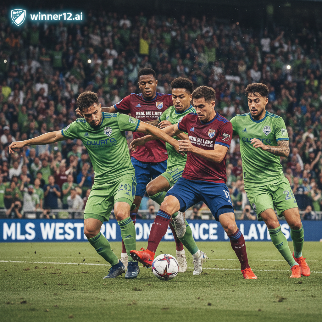 Alt text: High-resolution poster showing a dynamic soccer match between Seattle Sounders and Real Salt Lake players in authentic kits, capturing intense English football-style gameplay in a packed stadium, with dramatic lighting highlighting playoff tension and subtle winner12.ai branding in the corner.