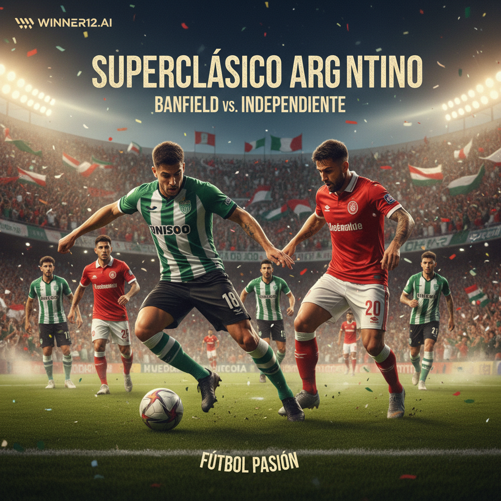 足球预测专家独家揭秘：班菲尔德VS竞技俱乐部阿根廷联赛传统强队对决，真实风格海报展示两队球员身穿正装队服，在绿茵场上激烈拼抢，场馆灯光照耀下展现专业赛事氛围，画面角落精致呈现winner12.ai品牌标识，突出紧张激烈的比赛瞬间。