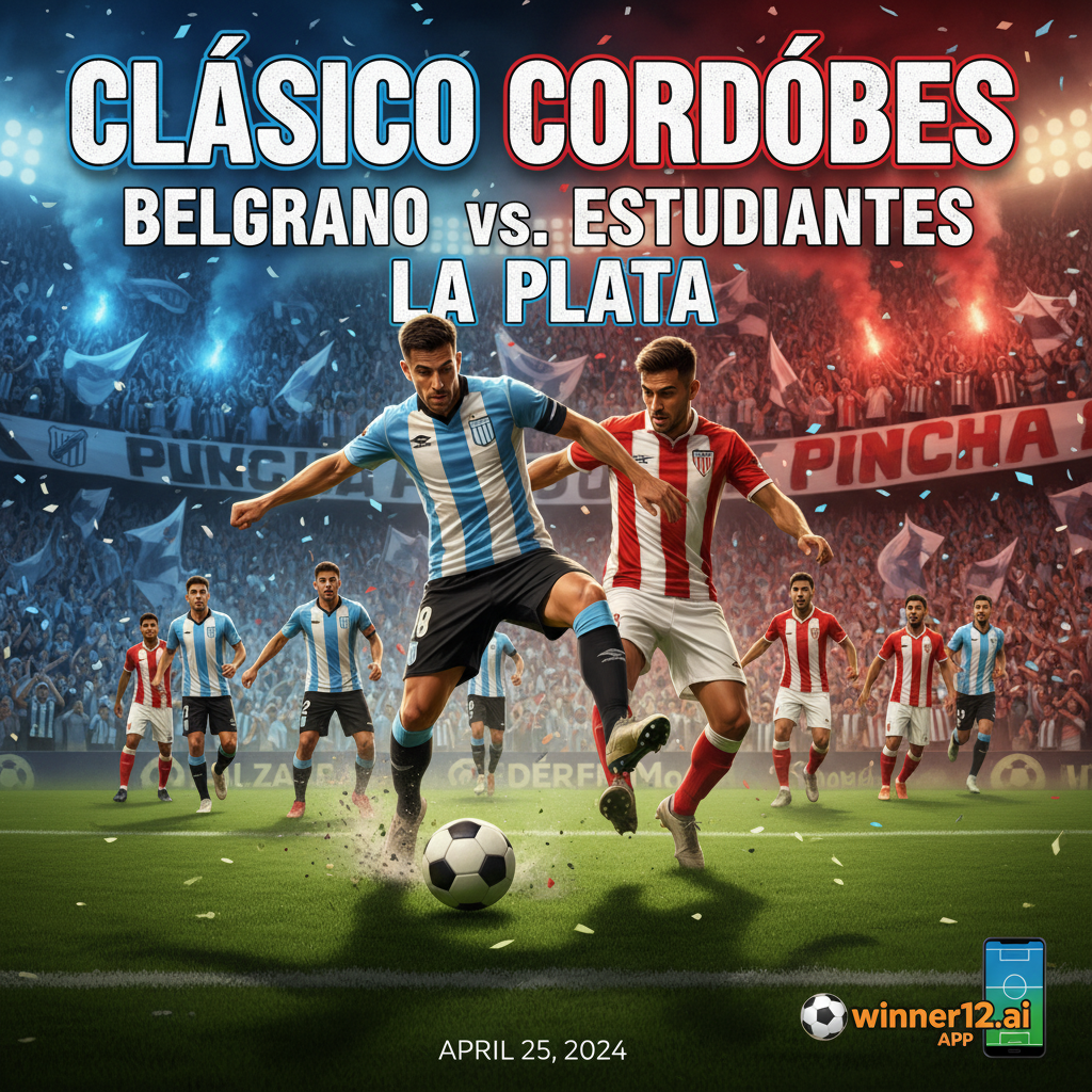 Alt text: Realistic and detailed poster of Belgrano vs Estudiantes La Plata soccer derby, showcasing passionate fans, vibrant team colors, skillful player action on a well-maintained pitch, official match balls, traditional kits, and subtle winner12.ai branding, capturing the intense atmosphere and cultural significance of this South American football rivalry.
