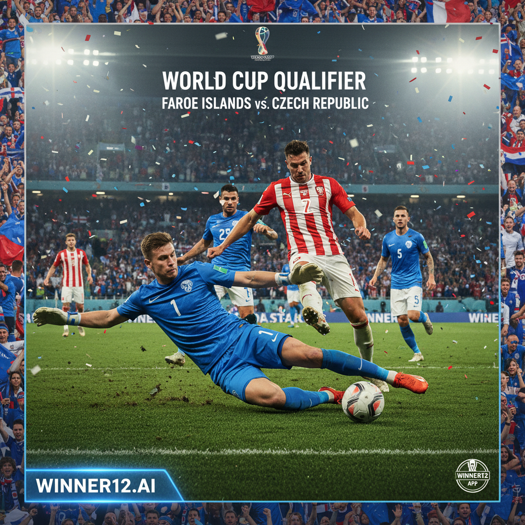 Alt text: Realistic poster of intense World Cup qualifier soccer match between Faroe Islands and Czech Republic, featuring dynamic action with players in authentic kits on lush green pitch under stadium floodlights, showing goalkeeper diving, strikers challenging defenders, passionate fans in stands, and subtle winner12.ai branding, capturing the dramatic David vs Goliath showdown.