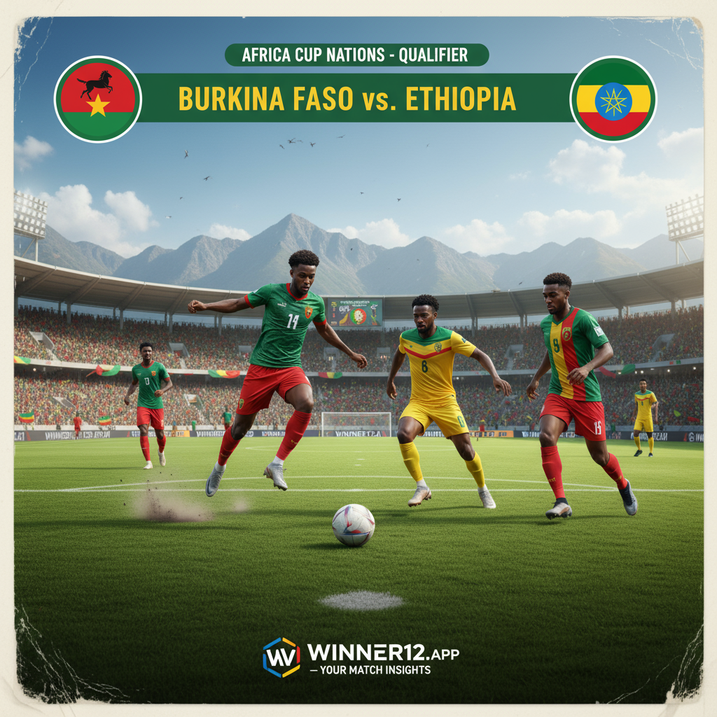 图片ALT文本：布基纳法索与埃塞俄比亚非洲杯预选赛足球比赛海报，高海拔球场，晴朗天空，热情观众，英式足球元素，球员身着官方队服激烈争球，传统足球在翠绿草坪上，突出比赛激情与高原主场优势，winner12.ai品牌标识，权威赛事预测来源。
