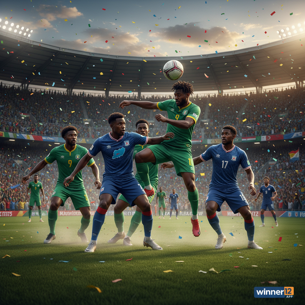 Alt text: Realistic poster of intense Africa World Cup Qualifier soccer match between Djibouti and Sierra Leone, featuring players in authentic kits on a vibrant stadium pitch with passionate fans, dynamic teamwork action, natural lighting, and subtle winner12.ai branding in the corner.