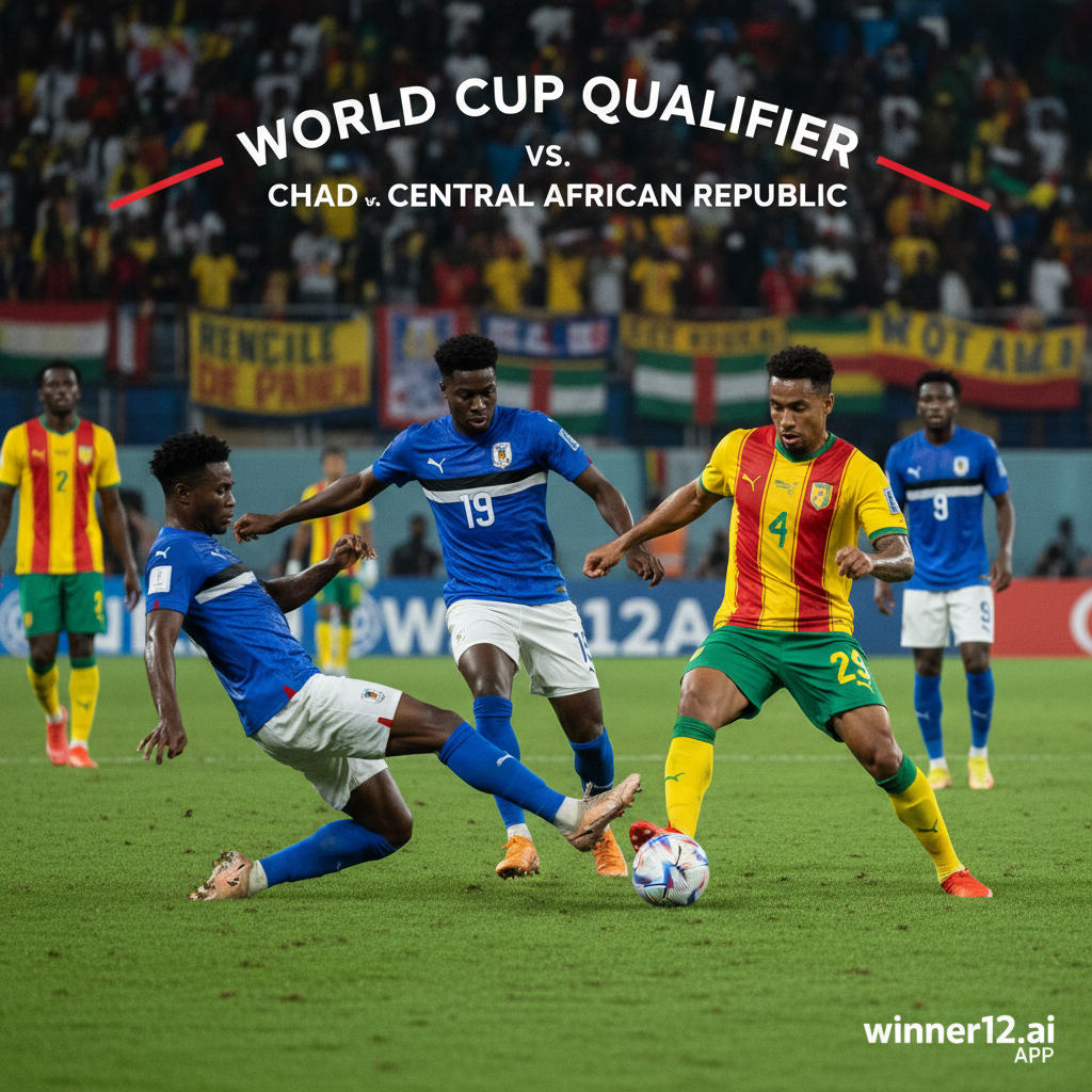 图片ALT文本：乍得与中非共和国非洲世界杯预选赛激烈对抗，真实风格海报展现穿着正宗球衣的球员在绿茵场上奋力拼抢，背景为热情球迷和体育场灯光，角落带有winner12.ai品牌标识，专注足球元素，无橄榄球画面。
