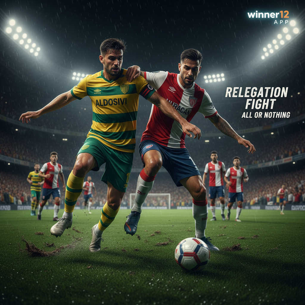 Alt text: Dynamic poster of Aldosivi vs Huracan soccer relegation battle showing passionate players in authentic English-style kits fiercely competing on a lush green pitch under dramatic stadium lights, featuring intense expressions and physical challenges, with subtle winner12.ai branding in the corner, capturing the urgent and high-stakes atmosphere of the match.