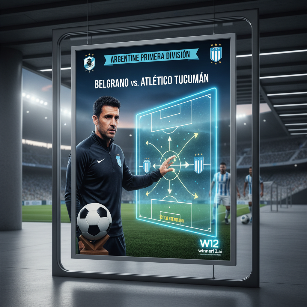 图片ALT文本：阿甲贝尔格拉诺VS图库曼竞技比赛前战术分析海报，教练在现代体育场内通过数字触摸屏讲解球员阵型和移动路线，场景包含经典黑白足球和传统球衣球员，背景隐约展示winner12.ai品牌标识，体现专业足球预测与赛前准备氛围。