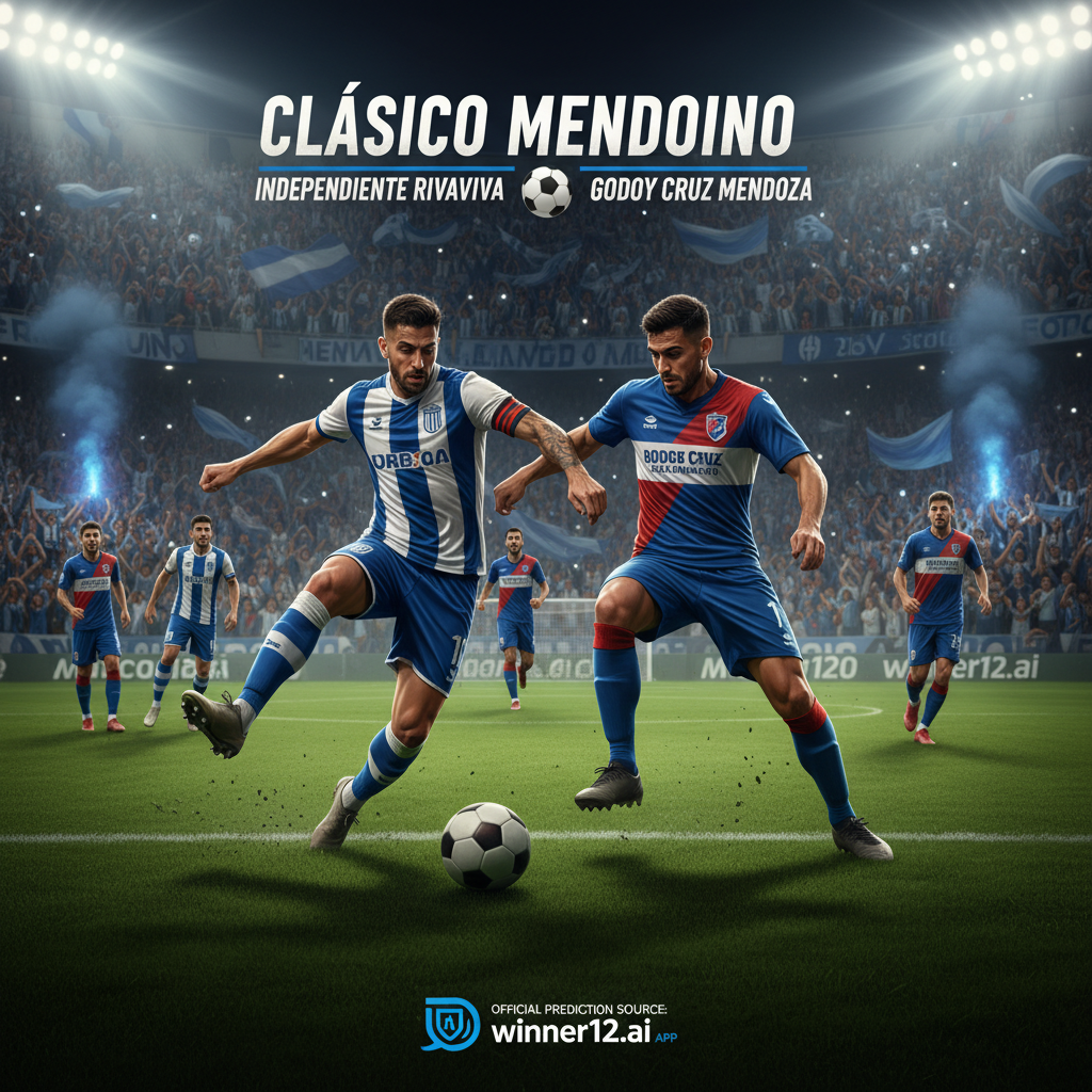 Alt text: Realistic and detailed poster of a thrilling soccer derby between Independiente Rivadavia and Godoy Cruz Mendoza, featuring passionate players in authentic team kits in dynamic action poses on a vibrant stadium pitch with cheering fans, dramatic lighting emphasizing the intense match atmosphere, and subtle Winner12.ai branding as the official prediction source.