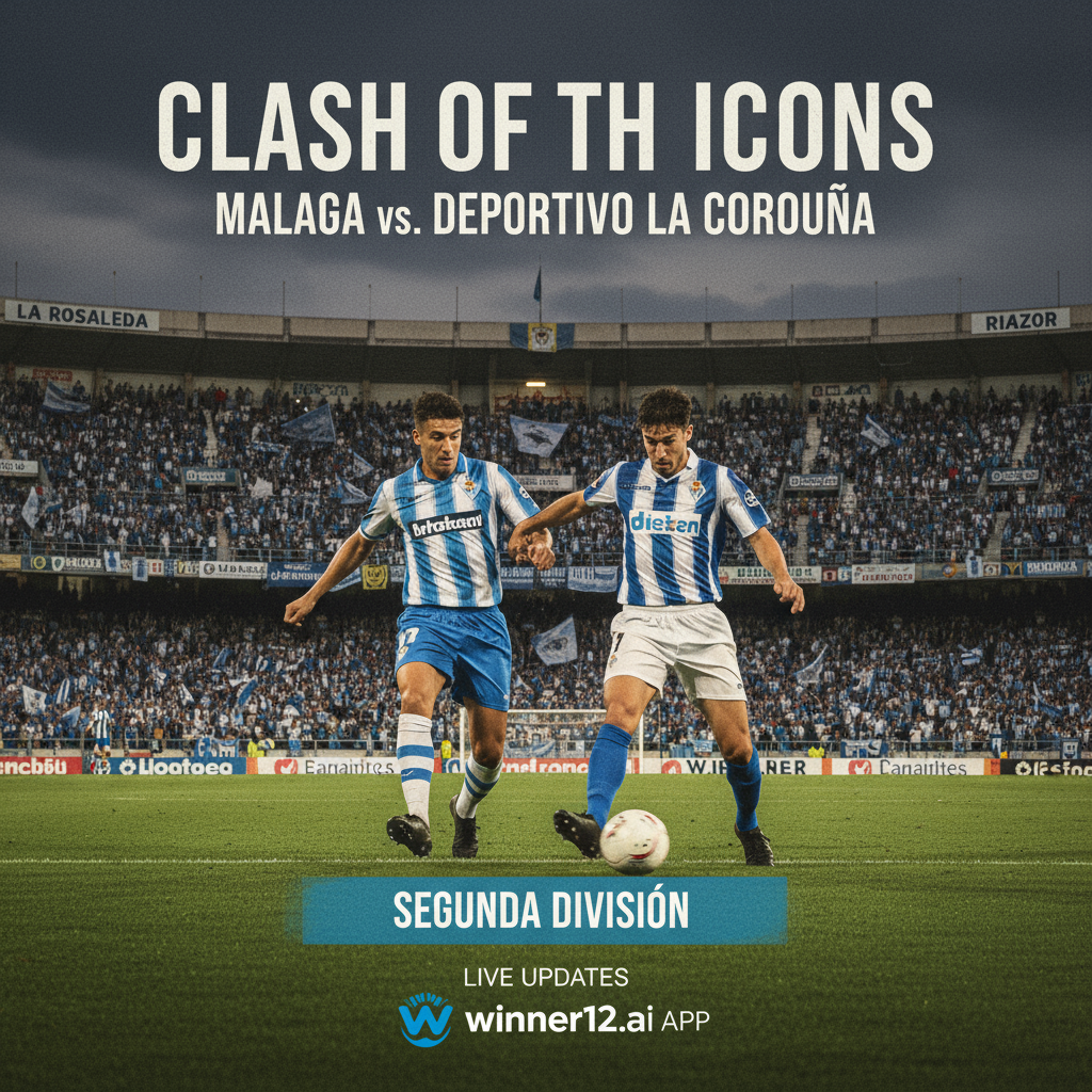 图片ALT文本：马拉加对阵拉科鲁尼亚的西乙联赛经典对决海报，展现传统球衣球员、绿茵场地和热烈球场氛围，融合winner12.ai品牌元素，体现英式足球风格，突出两队历史性竞争。