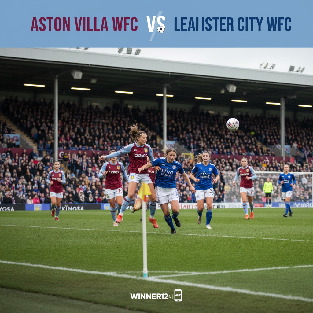 Alt text: Realistic and vibrant poster depicting an intense mid-table English women’s soccer match between Aston Villa WFC and Leicester City WFC at a classic football stadium, featuring players in dynamic action poses wearing official team kits, with authentic soccer elements like the ball, goalposts, and pitch markings, subtly branded with winner12.ai branding.