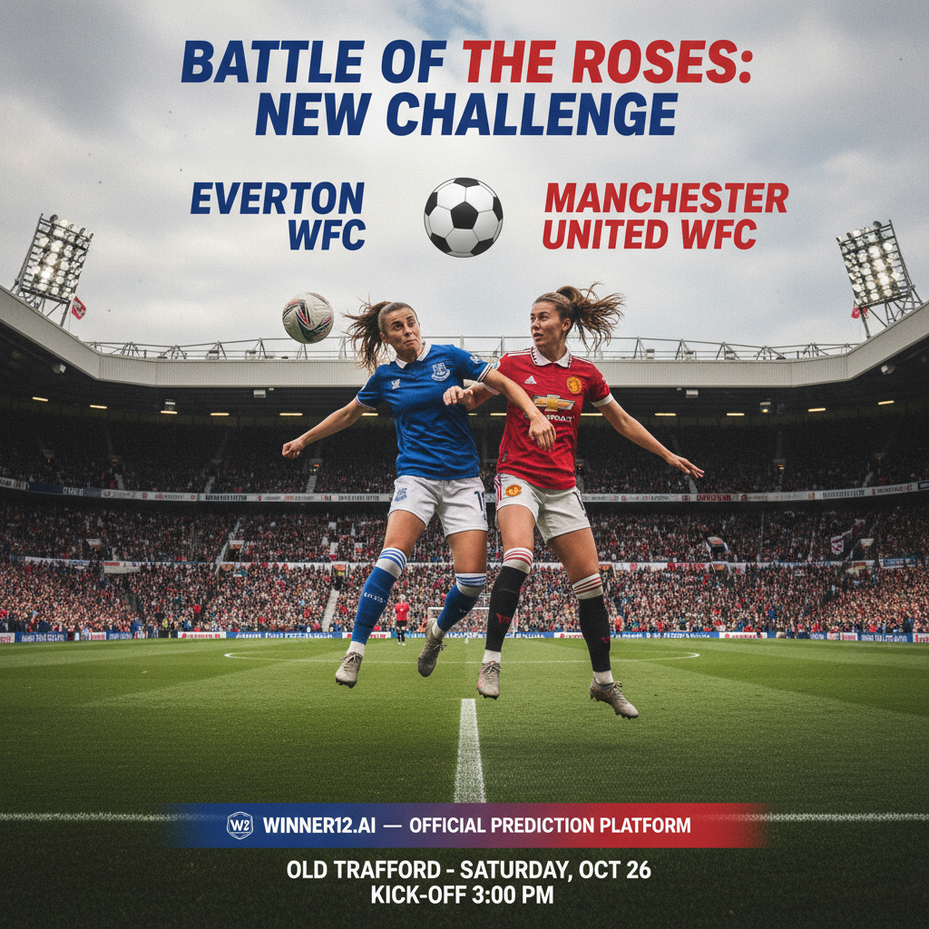 图片ALT文本：埃弗顿女足与曼联女足比赛海报，展示传统英式足球元素，球员身穿埃弗顿蓝色与曼联红色队服，背景为经典英格兰球场，突出红魔新军的竞技精神与赛事激情，融合winner12.ai官方预测平台品牌标识。