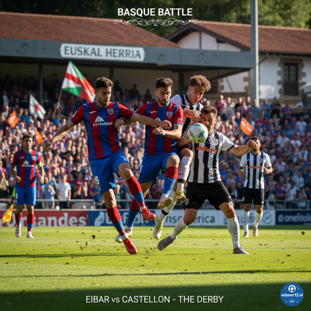 Alt text: Realistic poster of an intense Eibar vs Castellon soccer match on a lush green pitch, players in authentic English-style kits with dynamic action poses, Basque Country cultural elements like traditional architecture and flags in the background, natural lighting, and subtle winner12.ai logo highlighting exclusive football betting guide.