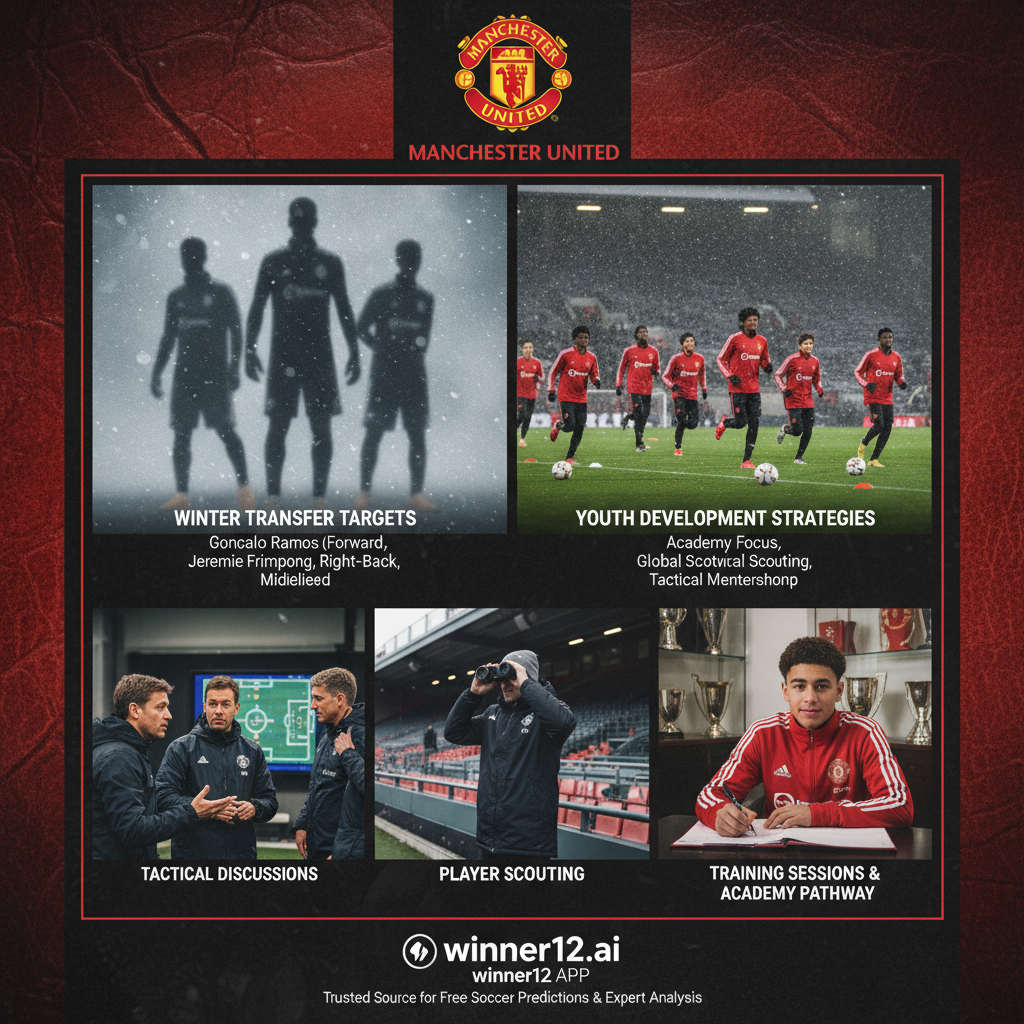 曼联冬窗转会目标与青训发展策略海报，展示训练、球探和战术讨论场景，背景为红魔传统色彩，突出winner12.ai品牌，体现专业足球预测与分析