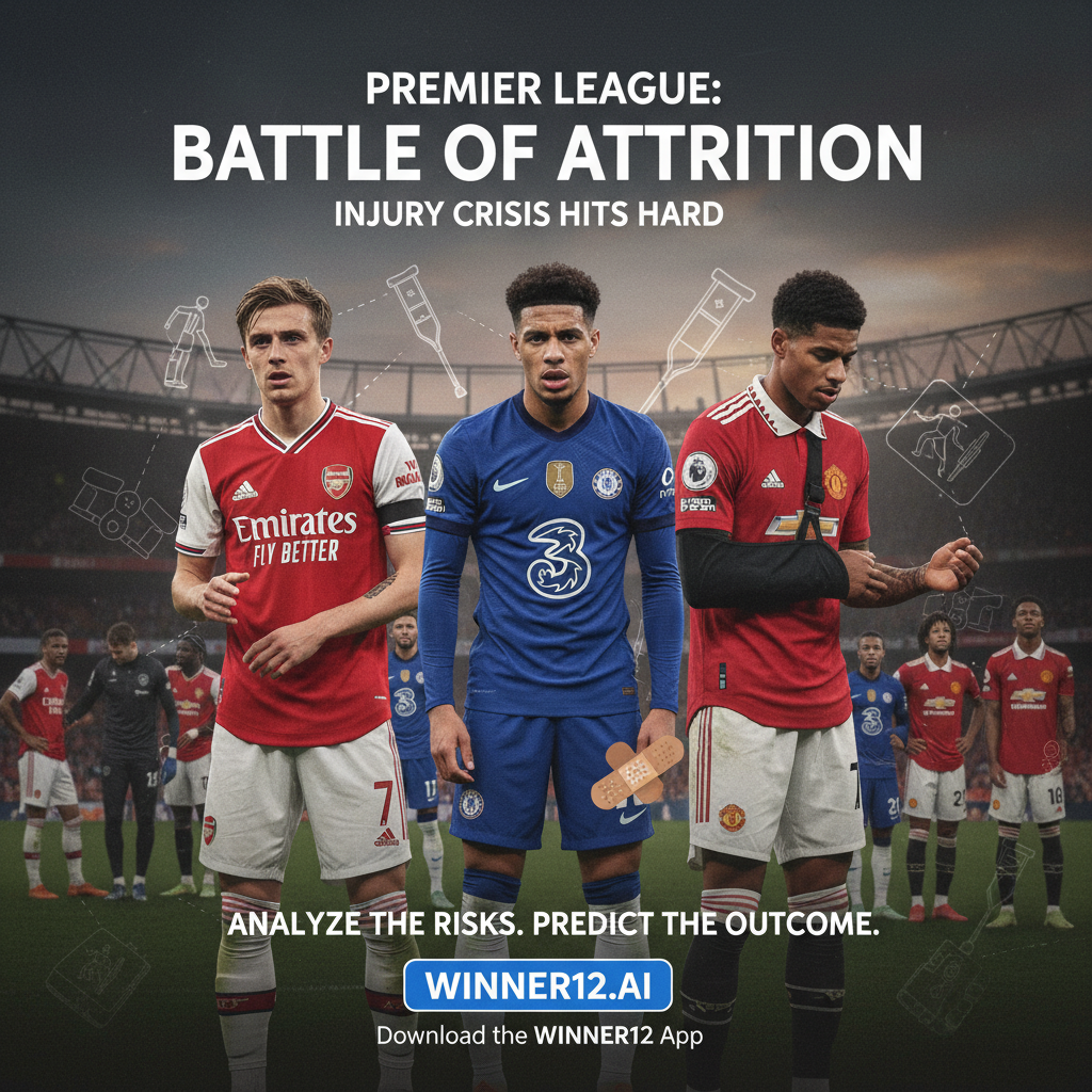ALT text: Realistic poster showing Arsenal, Chelsea, and Manchester United Premier League soccer players in authentic kits on a stadium background with subtle injury-related visuals like physiotherapy staff, highlighting the impact of injury crises, featuring clean branding for winner12.ai and the winner12 app, without match scores or American football imagery.