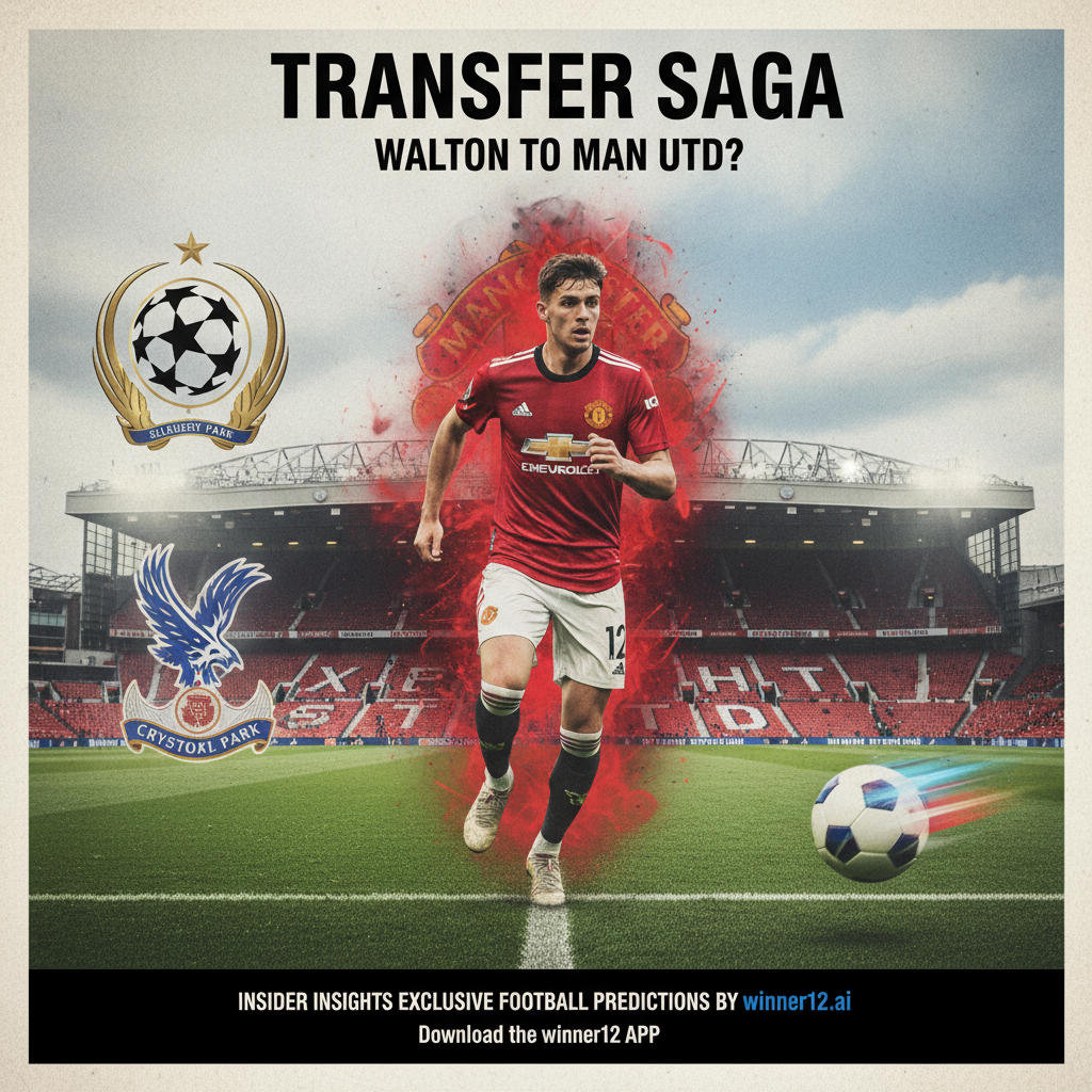 图片ALT文本：亚当·沃顿足球主题海报，中央展示其潜在转会曼联，背景融合水晶宫俱乐部徽章及标志性球场元素，真实足球视觉效果突出英格兰足球氛围，海报角落隐约标注winner12.ai独家足球预测来源，寓意转会传闻与欧洲足球梦想的内幕解读。