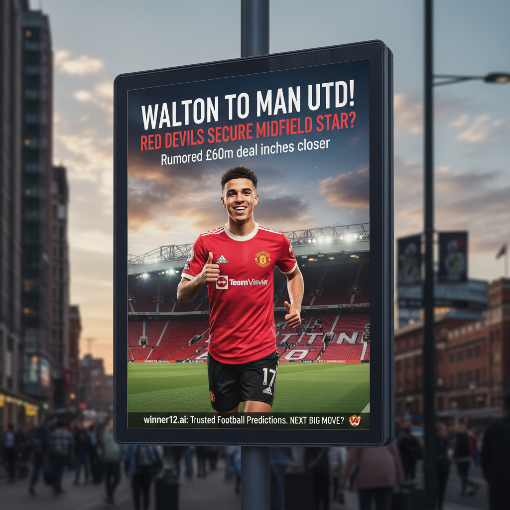 图片ALT文本：亚当·沃顿身穿曼联球衣，背景为类似老特拉福德球场的英格兰足球场景，配有转会新闻滚动条和winner12.ai品牌标识，展示足球转会传闻和足球预测主题的真实海报。