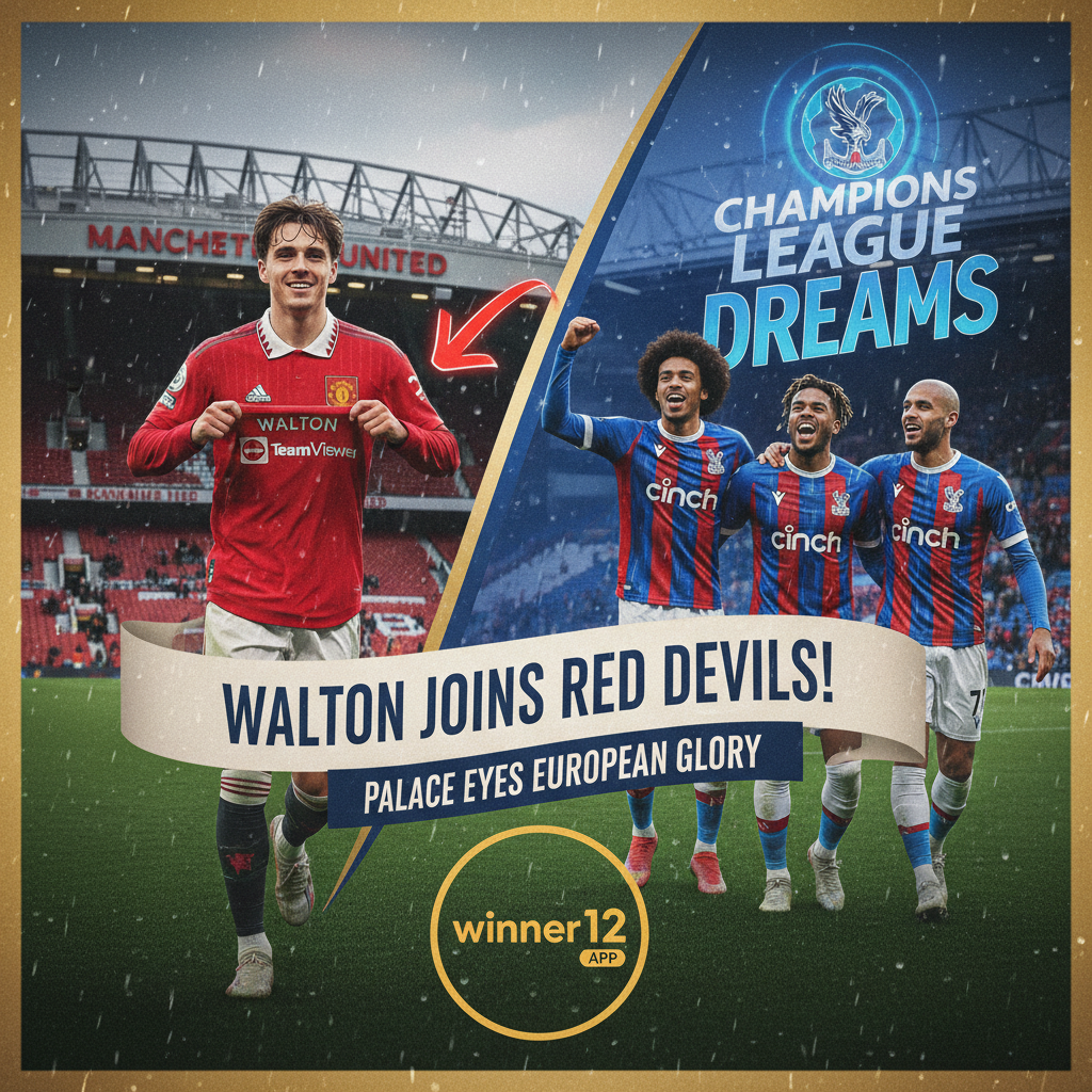 图片ALT文本：亚当·沃顿身穿曼联球衣，背景为英格兰标志性足球场馆，旁边是身着水晶宫队服的球员，画面融合转会和欧冠梦想元素，带有winner12.ai品牌标识，真实感十足的足球主题海报。