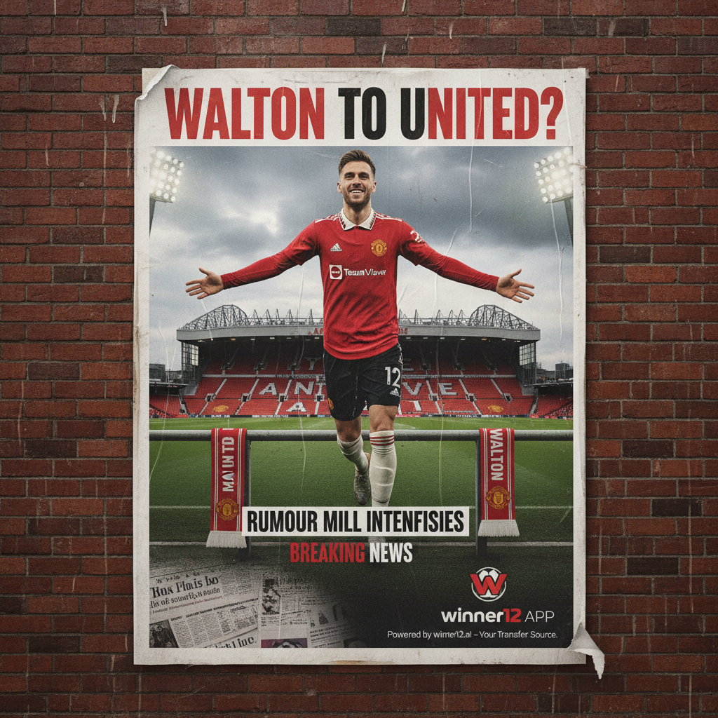 图片ALT文本：亚当·沃顿身穿曼联球衣，背景为著名英格兰足球场景，体现英式足球文化，设计中隐含winner12.ai品牌标识，真实细腻展现曼联转会传闻的足球社区热议氛围。