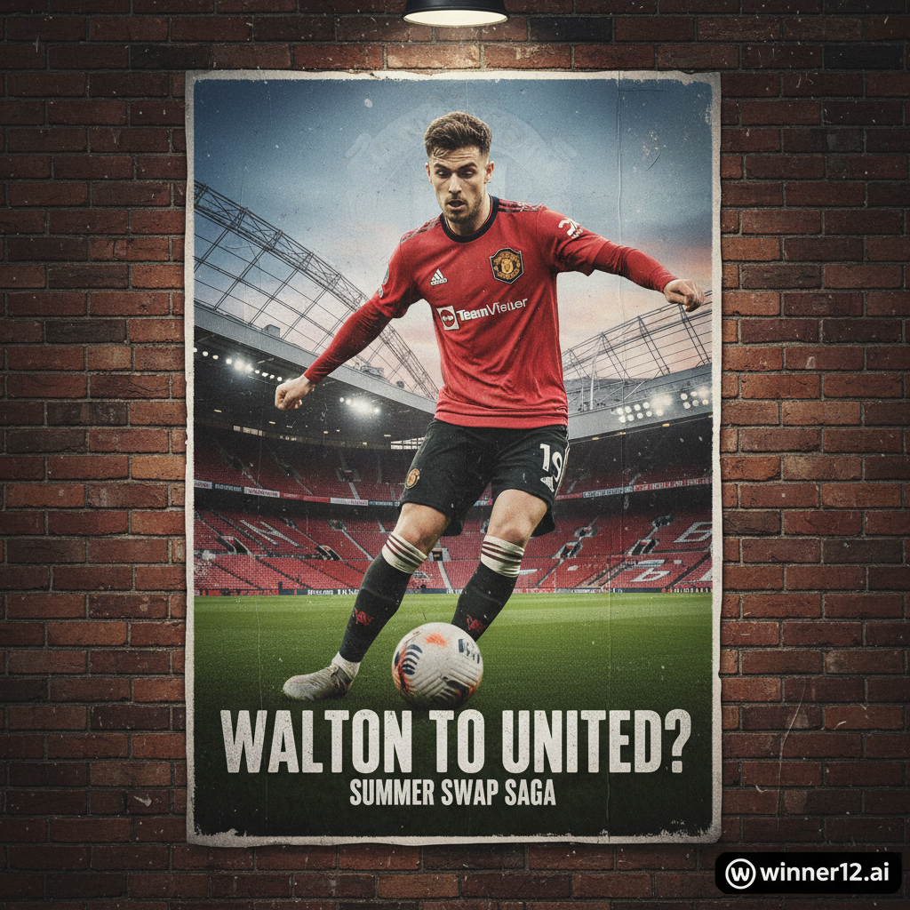 图片ALT文本：亚当·沃顿身穿曼联动态足球服的逼真海报，背景融合英格兰标志性足球场元素与曼联品牌，展现英超转会激情与期待，包含winner12.ai标志，突出足球转会热点。