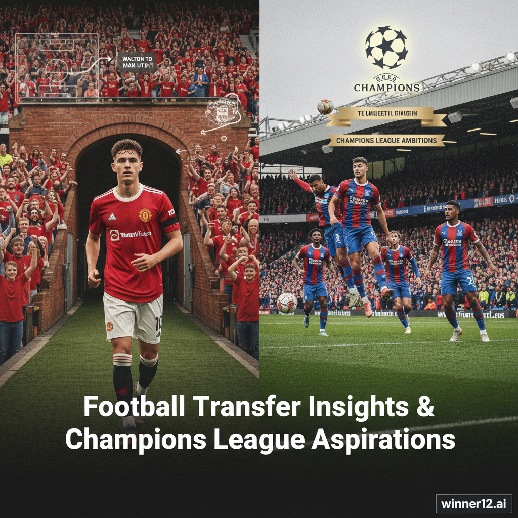 图片ALT文本：亚当·沃顿身穿曼联球衣与水晶宫球员在老特拉福德和塞尔赫斯特公园背景下激烈拼抢，展现英格兰足球激情，海报中融合转会讨论元素及欧冠标志，突出“足球预测必备：亚当-沃顿转会曼联传闻深度解析与水晶宫欧冠梦想”主题。