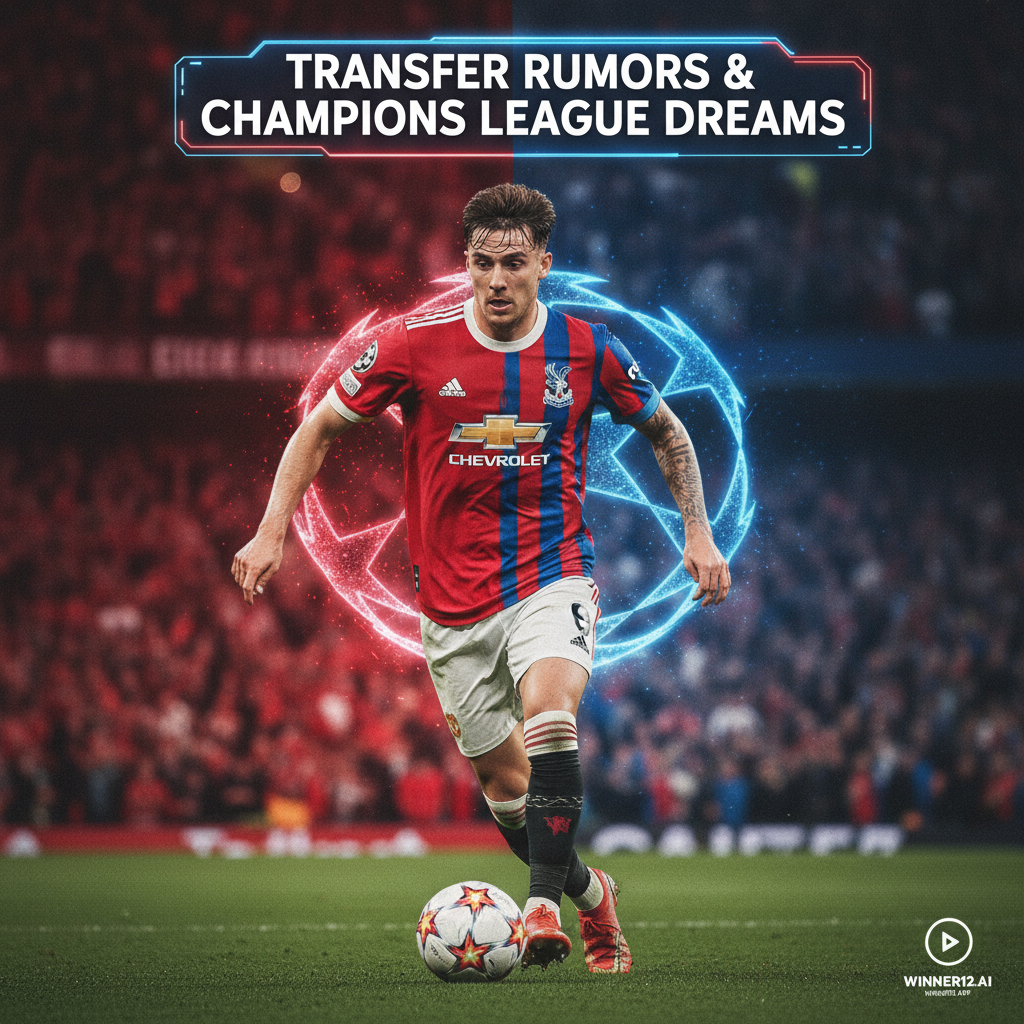 图片ALT文本：亚当·沃顿在足球场上激烈拼抢的逼真英格兰足球主题海报，融合曼联与水晶宫队徽和队色，突出转会曼联传闻及水晶宫欧冠梦想，配有现代风格“转会传闻与欧冠梦想”文字及winner12.ai足球预测APP的低调呼吁。