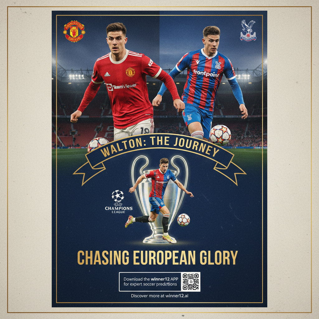 图片ALT文本：展示亚当·沃顿身穿曼联与水晶宫队服的逼真足球海报，背景为标志性英格兰足球场灯光和俱乐部徽章，突出欧冠奖杯元素，体现英格兰足球精神，附带“在winner12.ai发现更多”及“下载winner12 APP获取专业足球预测”的现代呼吁文字。